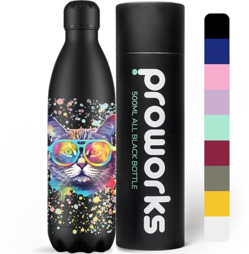 Proworks Botellas de Agua Deportivas de Acero Inoxidable Cantimplora Termo, Doble Aislamiento 12 Horas de Bebida Caliente y 24 Horas de Bebida Fría 1L - Toda Salpicadura de Pintura Negra - Gato