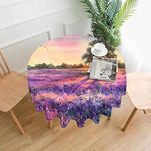 Frankreich Provence Aquarell Sonnenuntergang Lavendelfeld Runde Tischdecke 60 Zoll violetter Hintergrund Tischdecke für Outdoor und Indoor Dining/Küche/Party/Buffet/Hochzeit