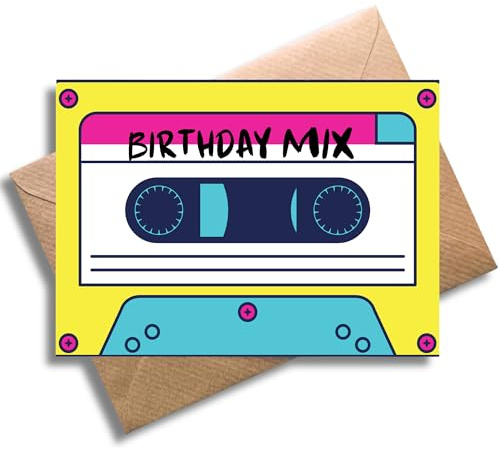 WBdesignz Retro Kassette Geburtstagskarte mit Umschlag - Bunte Glückwunschkarte zum Geburtstag - Happy Birthday Mix - Lustige Mixtape Karte - 80er 90er Design (DIN A6)
