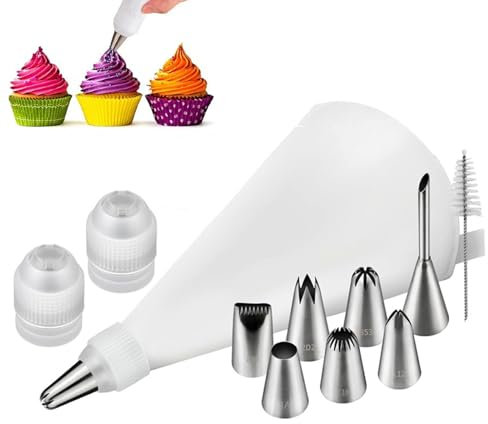 Biglumin Spritzbeutel - Torten zubehör set 11-teilig mit 7 verschiedenen Edelstahl Spritztüllen und 40cm Spritztüte, wiederverwendbar gebäckspritze - Für Dekorationen auf Torten, Kuchen und Keksen.