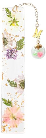 JSRQT Harz Getrocknete Blumen Lesezeichen Bookmarks Personalisiert Gepresste Book Marks for Reading Getrocknetem Blumenharz Nettes Seitenmarkierung Kunstharz Aesthetic Buchstaben für Studenten Lehrer