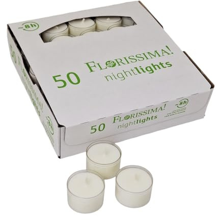 TEELICHT NIGHTLIGHT 8H Ø40mm – 50er Pack – Transparente Hülle & Naturweiße Kerze – 8h Brenndauer – Deko-Teelichter für Haushalt & Events
