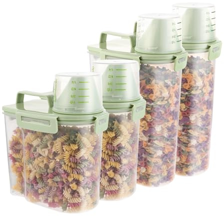 MIVIDE 4er Set Müsli Aufbewahrung 3L, 1.7L Aufbewahrungsbox Küche mit Messbecher, Katzen und Hundefutter Aufbewahrung, Luftdichte Aufbewahrungsbox für Getreide(Grün)