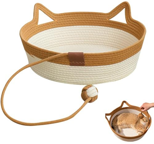 WUMEIJIAJU Cotton Rope Cat Bed Basket, Woven Cat Bed with Scratching Ball Toy, Sleeping Nest Scratcher Mat for Kitten Puppy Small Cats & Dogs, Medium