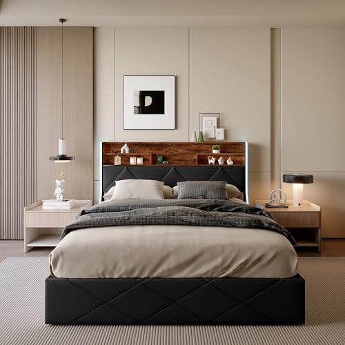 BSMGSGN Doppelbett 160 x 200 cm mit hydraulischem Behälter, T-Kopfteil mit USB und LED-Lichtern, PU-Leder und schwarzem Holzoptik, ohne Matratze (Schwarz-J, 160 x 200 cm)