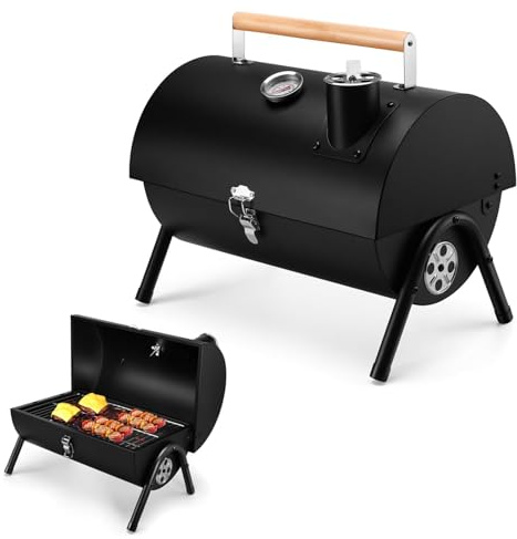 Barbecue a carbonella portatile da campeggio con coperchio, piccolo barbecue da tavolo con termometro, flusso d'aria regolabile e quantità di scarico, per cucina all'aperto, feste, campeggio, picnic