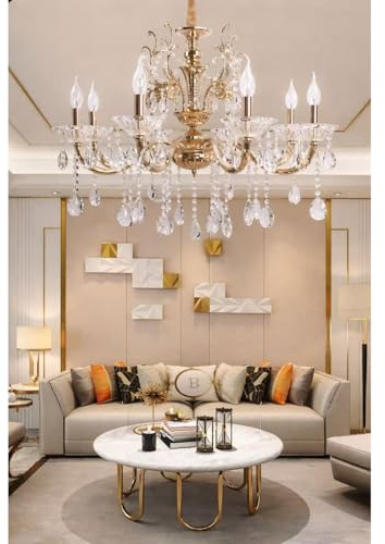 TEKHOME Lampadario in Cristallo Classico 8 Luci E14 per Soggiorno Sala da Pranzo 71cm A19 (ORO)