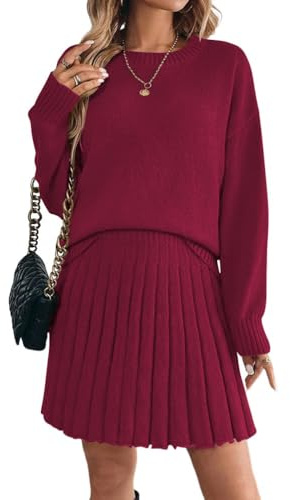 ORANDESIGNE 2 Stücke Set Damen Rollkragenpullover Schulterpullover Fallen Lassen und Plissierter Strickrock Einfarbiger Rundhals Langarm Pullover und Rock Zweiteiliger Strickkleid Anzug