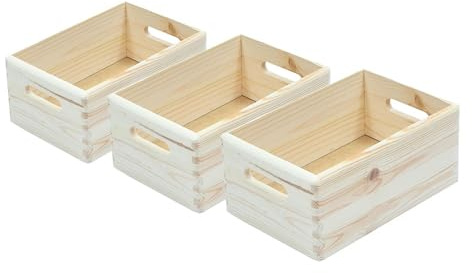Box and beyond - Lot 3 Caisses Rangement - 30 x 20 x 14 cm - Pin Naturel - Poignées Intégrées - Rangement, Stockage - Garage, Cave, Buanderie - Style Naturel
