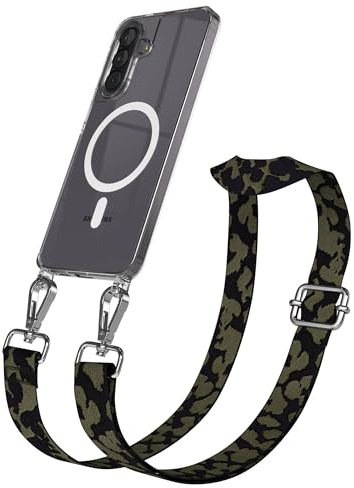 EAZY CASE Handykette - Verstellbares Taschenband kompatibel mit Galaxy A57, Schulterriemen, Handykordel mit Silikon Hülle, Qi Charging kompatibel, Umhängetasche, Dunkelgrün Camouflage Silber