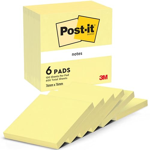 Post-it Notes, 6 Pads (600 Sheets), 76 mm x 76 mm, Yellow | Self-Stick Notes for Reminders, Planning and Study, Stick and Remove Cleanly; Great for Marking, Organising, Capturing Ideas