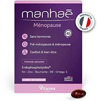 Vitavea Manhaé - Ménopause - Complément alimentaire ménopause sans hormones - Acide folique, Oméga 3, Zinc, Fer - 60 capsules - Violet - 2 mois - Fabriqué en France