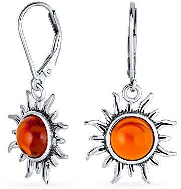 Tropische Flitterwochen Urlaub Strand Sonnenaufgang Echte Zitronengelbe Oder Honig Cognac Bernstein Runde Sonnenstrahl Hänge Ohrringe Für Frauen Klappverschluss Oxidiertes .925 Sterlingsilber