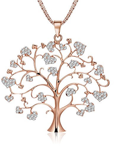 Collier de mode pour les femmes, arbre celtique de collier pendentif avec CZ cristal filles collier à longue chaîne collier strass brillant (or rose)