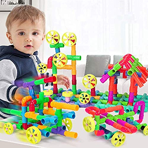 Qchomee 63/100 Stück Rohr Bausteine Zusammenbauen Bauklötze Wasserrohr Puzzle Rollen Pipeline Gebäude Interlocking-Set Montage DIY Waterpipe Ausbildung Pädagogische Kreatives Spielzeug für Kinder