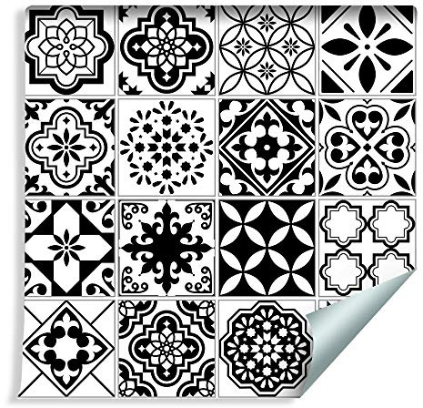 Muralo Papier Peint Noir et Blanc Mosaïque Méditerranéenne - 10m x 53 cm | Revêtement mural vinyle lavable, pose facile, motif haute définition - style moderne pour salon ou bureau