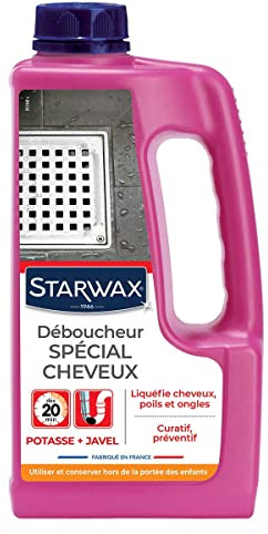 STARWAX - Déboucheur Spécial Cheveux - Liquéfie les Cheveux, Poils et Ongles - Curatif et Préventif - Agit dès 10 min - Potasse et Javel - Fabriqué en France - 900 ml - 1 Bidon = 3 à 4 débouchages
