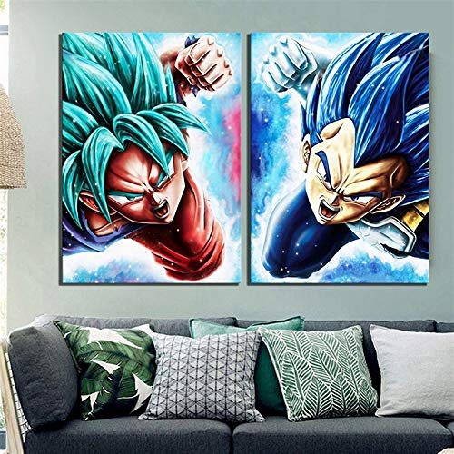 MRYZZ Leinwand Wandkunst Bilder Ölgemälde 2 Stücke Vegeta Goku Anime Dragon Ball Super Cartoon Modular Poster Moderne HD Gedruckt Home Deco Canvas Paints (Color : 40x60cmx2pcs)