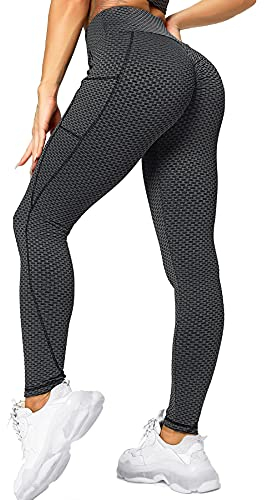 RIOJOY Damen Push Up Leggings mit Taschen, High Waist Anti Cellulite Booty Leggings für Sport Yoga Fitness, Schwarz M