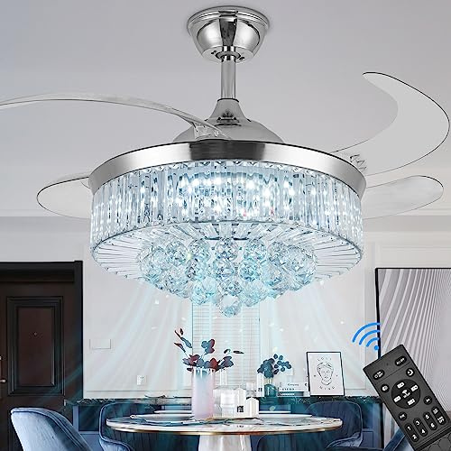 Lámpara de techo invisible de 36 pulgadas, moderna lámpara de ventilador de techo de cristal, control remoto, 4 cuchillas retráctiles de ABS para decoración de dormitorio, sala de estar, comedor