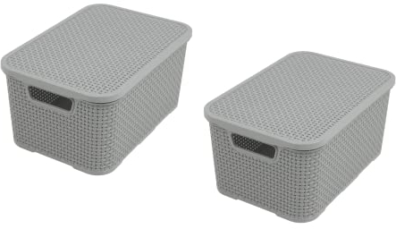 BranQ - Home essential Set of 2 Plastic Rattan Baskets with Lids made of Bisphenol A (BPA)-Free Polypropylene, Light Grey, Size S (7 Litres)
