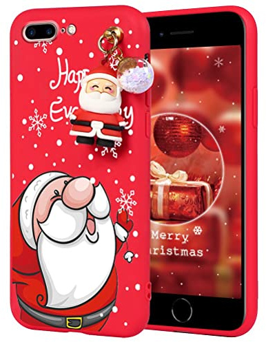 Vauki Coque pour iPhone 7 Plus/8 Plus Noël,Rouge Silicone Souple Étui Antichoc Motif Christmas Dessin Housse de Protection Case avec Père Noël Poupée 3D TPU Cover Téléphone pour iPhone 8 Plus,Rouge 4