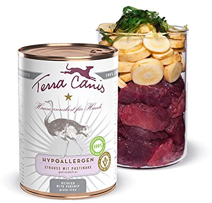 Terra Canis Hundefutter hypoallergen, Nassfutter getreidefrei mit Strauß und Pastinake 400 g – Hypoallergenes Premium-Nassfutter für Hunde Aller Rassen, mit Rohstoffen in 100% Lebensmittelqualität