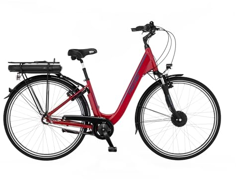 Fischer E-Bike City, CITA 1.0 Elektrofahrrad für Damen und Herren, RH 44 cm, Frontmotor 32 Nm, 36 V Akku, rot glänzend, 28 Zoll
