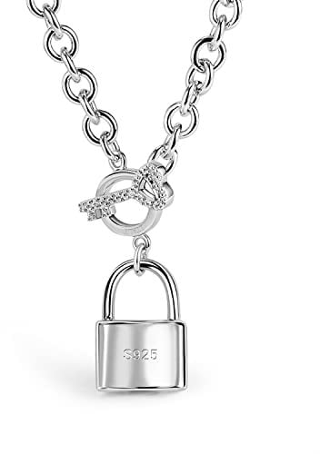 Handmade in Italy - 925 Sterling Silver Necklace -Women's AAAAA CZ Zircon Heart/Lock Pendant Necklace Rolo Chain 18,20 Inch - Charm Jewelry - Birthday Gift, 20 inches, Sterling Silver, Cubic Zirconia