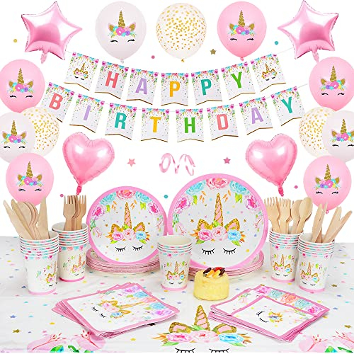 Einhorn Geburtstagsdeko Mädchen, Pastell Rosa Einhorn Party Deko Kindergeburtstag, Einhorn Pappteller und Becher Set mit Geburtstags Banner, Tischdecke Folien Ballons für Baby Shower