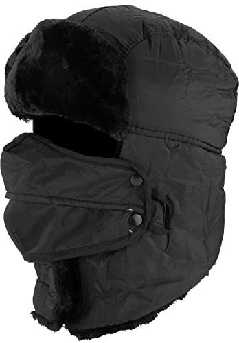 MEOKEY Fliegermütze Wintermütze Unisex,Trappermütze mit Gesichtsmaske & Ohrenklappen, Fliegermütze aus Kunstfell für Eislaufen, Skifahren und andere Outdoor-Aktivitäten - Schwarz