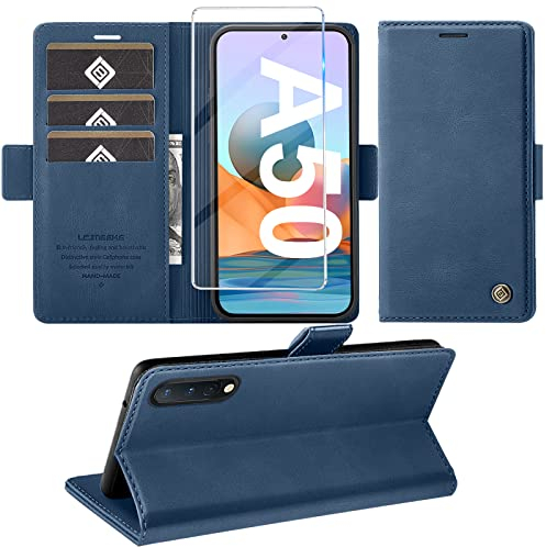 Handyhülle für Samsung Galaxy A50 Hülle mit Schutzfolie, Standfunktion Kartenfach Wallet Premium Leder Schutzhülle A50/A30S Flip Case Cover Stoßfeste Klapphülle A50/A30S 6,4 Zoll (blau)