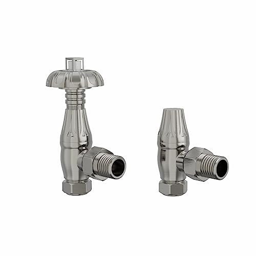 Warmehaus Traditional Antique Style Brass Thermostatic Radiator Valve Lockshield Heated Towel Rail Angled TRV Satin Nickel