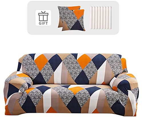 Lydevo Sofabezug 3 Sitzer Stretch Sofahusse Elastischer Sofabezug Spandex Sofa Überzug mit 2 Kissenbezug Anti-Rutsch Waschbar Sofa Protection Cover Schonbezug Couch,Geometrisch Orange