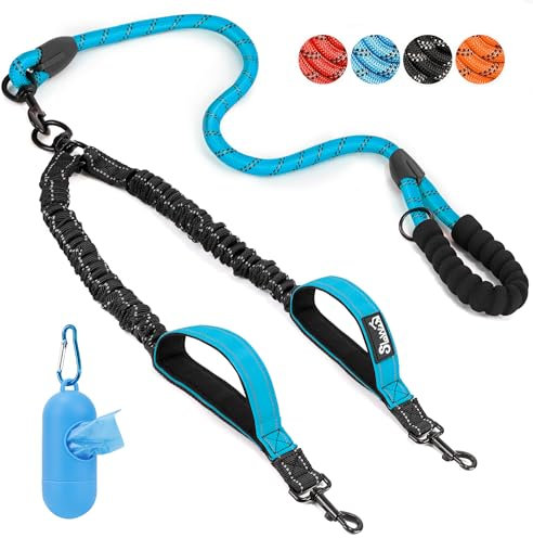 Eyein Double Dog Lead No Tangle - 360° Swivel Heavy Duty Reflective Leash with Two Padded Handles Dual Dog Splitter, Comfortable Shock Absorbing Walking Training for 2 Small Medium Dogs (11-68kg)