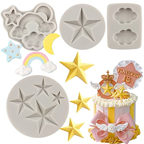 Sijiangmold Lot de 4 moules en silicone pour décoration de gâteaux en forme de nuage arc-en-ciel en forme d'étoile et de lune