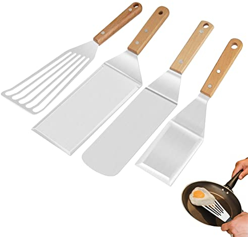 Jextou 2 Pcs Grillwender | Massiver Pfannenwender mit Holzgriff - Edelstahl-Spachtel, korrosionsbeständiges Grillzubehör für Fisch, Pfannkuchen, Grillen, Braten, Burger