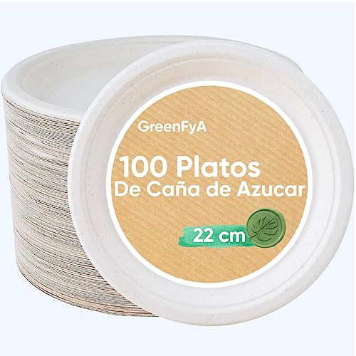 GreenFyA Platos Desechables de Caña de Azúcar Resistentes, 100% Biodegradables (100, 22cm.)