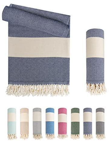 LAYNENBURG 2er-Set Premium Hamamtuch mit handgeknüpften Fransen - 100% Baumwolle - XXL Strandtuch 95x180 cm - Oeko TEX 100 - Strand-Handtuch Karomuster groß - Reisehandtuch & Saunatuch (Marineblau)