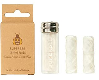 SuperBee Dentos - Filo interdentale con 3 bobine, filo interdentale in fibra di mais, vegano e naturale, per gengive sensibili, bambini e adulti, filo interdentale naturale al gusto di menta piperita,