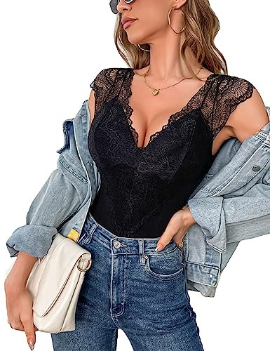 Aranmei Body para mujer Sexy encaje Body mangas señoras Sexy leotardo top con cierre a presión salida alto casual, Negro , XL