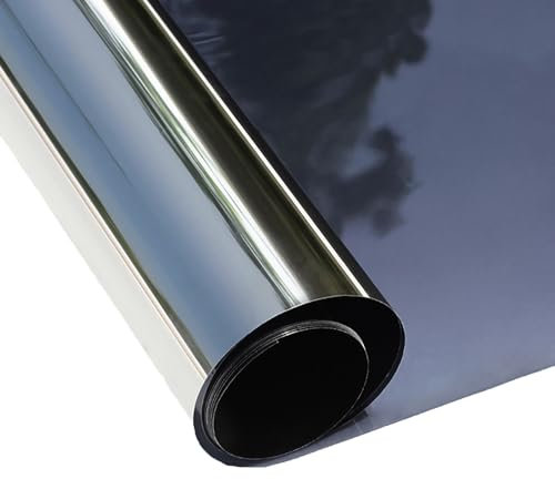ConCus-T One Way Window Film Heat Control Sun Blocker Anti Glare Blackout Window Tint Film Mirror Effect Film UV Solar Film Static Cling Covering, Black Silver, 30 x 300cm