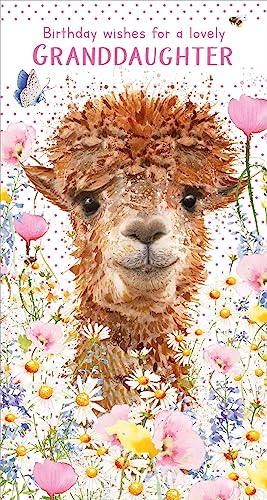 Nigel Quiney Geburtstagskarte für Enkelin für Mädchen – Alpaka und Blumen mit Foliendetails – umweltfreundlich und recycelbar