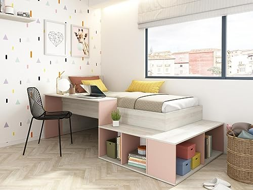Vente-unique-Kombi-Bett 90 x 200 cm mit Stauraum & Schreibtisch + Lattenrost + Matratze - Holzfarben & Rosa - RIGALI