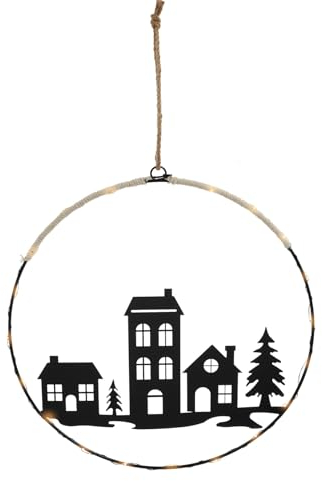 LED Silhouettenbild in schwarz mit Weihnachts Motiv - 30 cm - Deko Aufhänger mit 20 LED in warm weiß beleuchtet - Schatten Bild Silhouette Winter Szene