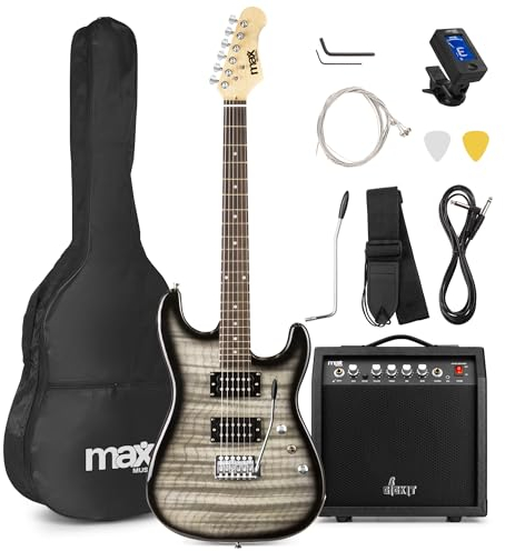 Max GigKit Beginner Electric Guitar Starter Kit with Quilt Top Finish, 40W Amplifier, Dual HH Humbuckers, 22 Frets, Tremolo Arm & Accessories - Gloss Black