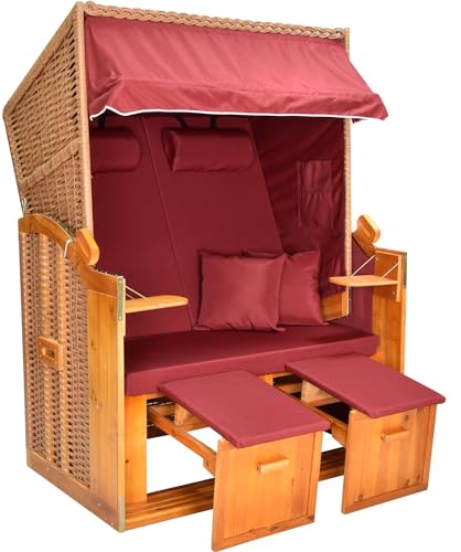 Lili Home&Garden Strandkorb Ostsee Baltic| Fertig montiert| Volllieger| 2 Sitzer| Burgund| Inklusive Schutzhülle| 120cm| Strandstuhl, Gartenliege| Für Garten, Terasse (Dessin Uni)