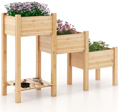 TANGZON 3-Tier Wooden Raised Garden Bed with Open Storage Shelf, 3 Elevated Planter Boxes, Drainage Holes, Outdoor Freestanding Garden Patio Planter for Fruit Vegetable Flower Herb, 160 x 43 x 103 cm