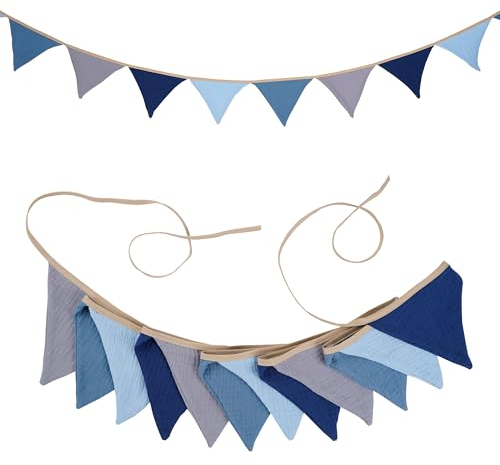 G2PLUS Blau Grau Wimpelkette Kinderzimmer,Stoff Wimpelkette aus Musselin Baumwolle,2.8m Musselinstoff Girlande für Kinderzimmer, Jungen Kinderzimmer Deko für Hausbett, Babybett & Kinderbett