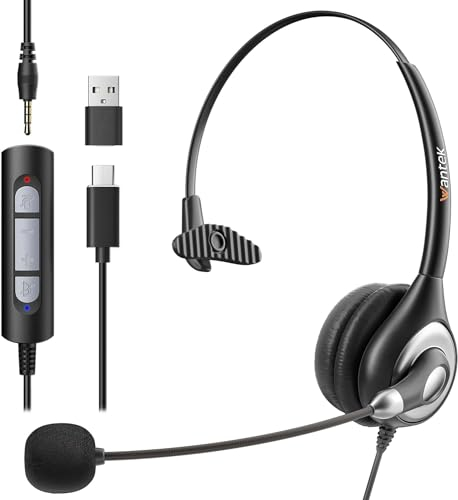 Wantek Casque USB avec Microphone pour PC - Casque Filaire avec USB C 3,5 mm - Microphone antibruit pour Ordinateur Portable avec contrôle du Volume en Ligne